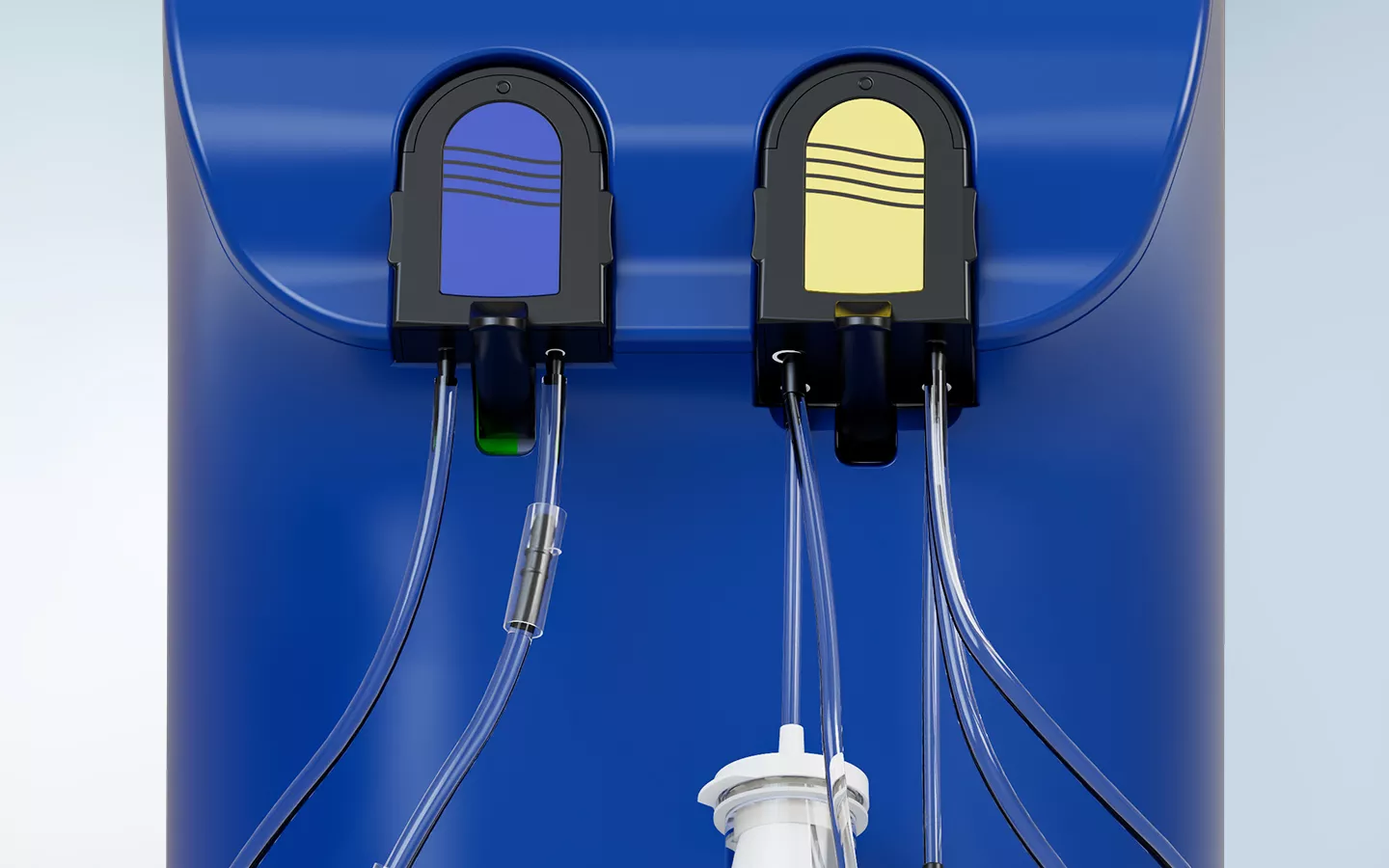 Primer plano de las palancas de retención en el sistema de gestión de fluidos Fluent Pro